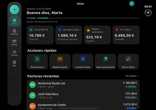 iPhone Duo abierto con el inicio de Fakturia a todo el ancho y la barra lateral de secciones.