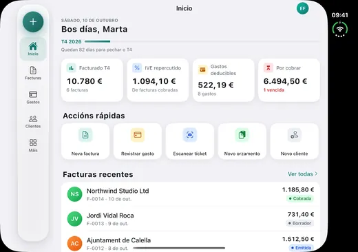 iPhone Duo aberto co inicio de Fakturia a todo o ancho e a barra lateral de seccións.