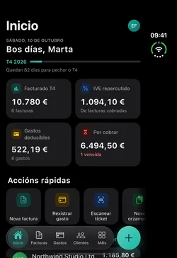 iPhone Duo pregado co inicio de Fakturia: facturado, IVE repercutido, gastos deducibles e pendente de cobro do trimestre.