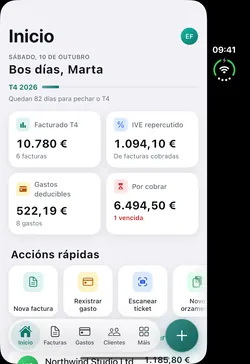 iPhone Duo pregado co inicio de Fakturia: facturado, IVE repercutido, gastos deducibles e pendente de cobro do trimestre.