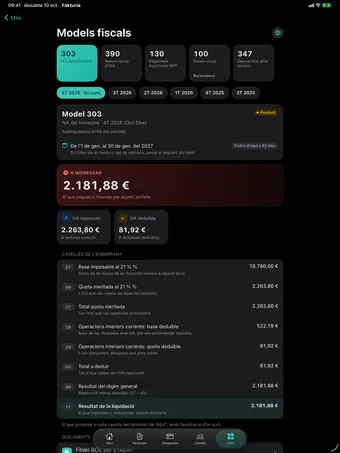 iPad amb l’app de Fakturia al model 303 del quart trimestre: 2.181,88 € a ingressar i les caselles de l’esborrany.