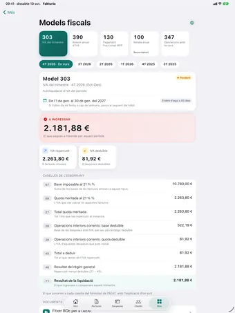 iPad amb l’app de Fakturia al model 303 del quart trimestre: 2.181,88 € a ingressar i les caselles de l’esborrany.