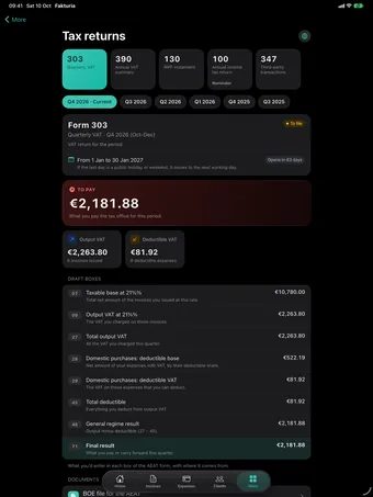 iPad with the Fakturia app on Form 303 for the fourth quarter: €2,181.88 to pay and the boxes of the draft.