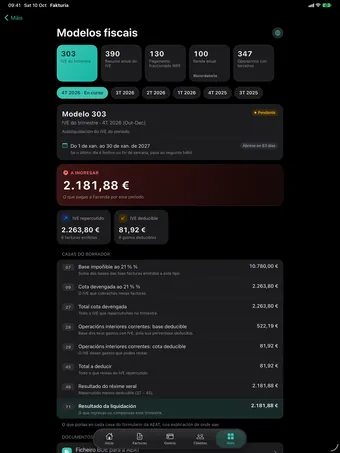 iPad coa app de Fakturia no modelo 303 do cuarto trimestre: 2.181,88 € a ingresar e as casas do borrador.