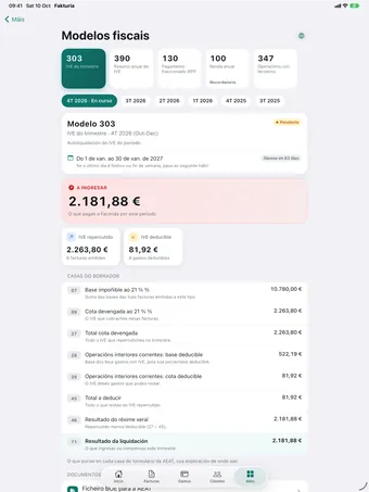 iPad coa app de Fakturia no modelo 303 do cuarto trimestre: 2.181,88 € a ingresar e as casas do borrador.